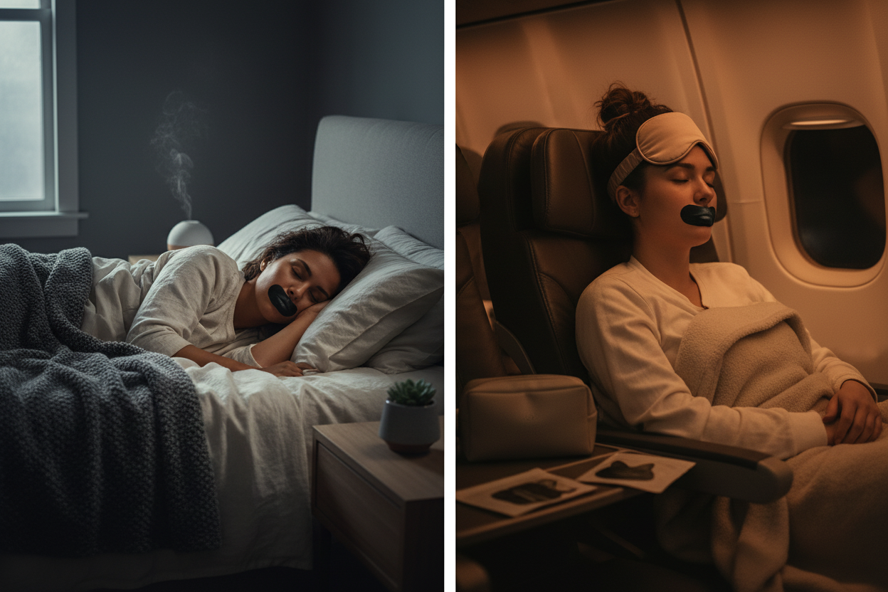 Lifestyle photo of person wearing black cat-ear mouth tape while sleeping